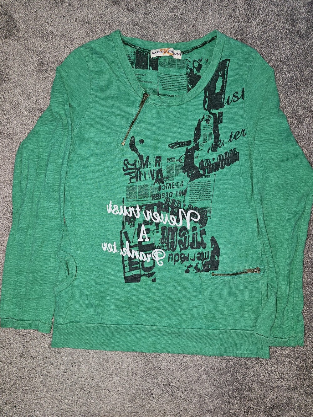 Kadingzhinni Green Graphic Long Sleeve Top Asymmetrical Zipper Punk Grunge Y2K